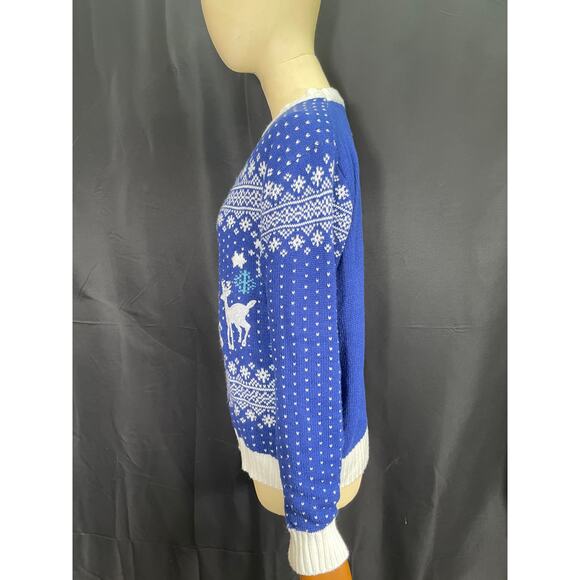 Happy Holidays Sweater Electric Blue with Sequence Reindeer and White Snowflakes - Picture 4 of 7